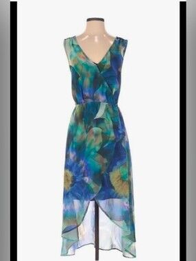 Jenife Lopez Blue Floral Sheer Sleeveless Wrap Dress - Large